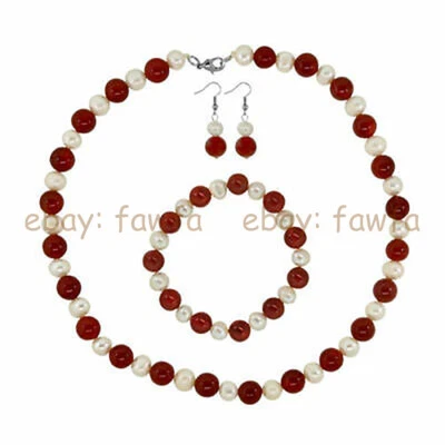 Juego de aretes collar pulsera jade rojo redondo de perlas blancas y 8 mm de 7-8 mm 18/7,5"" Foto 1 de 3