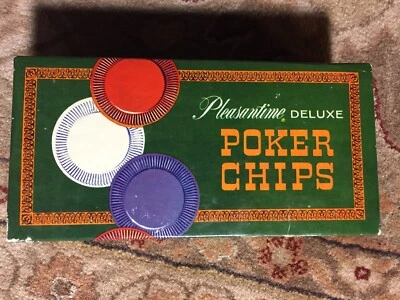 Vintage 1963 Pleasantime Deluxe Poker Chips 100+ Plastic Chips Box Pacific Game - Image 1 of 4