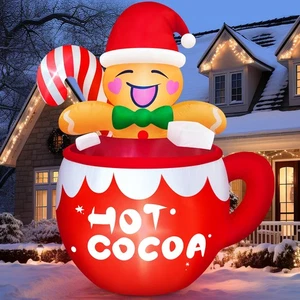 6FT Christmas Inflatable Outdoor Decorations, Cute Blow Up Hot Cocoa Gingerbr... - Bild 1 von 7