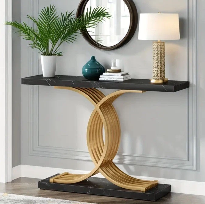 Elegante Consola con Base Geométrica de Metal Imitación Mármol Elegante Mesa Foto 1 de 1