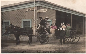 Tarjeta postal vintage de caballo y carro con novia historia social RPPC De Julio St. - Imagen 1 de 2