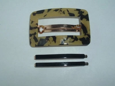 FAUX TORTOISE SHELL LUCITE BARRETTE & BLACK BOBBY PINS UP DO HAIR ACCESSORY - Image 1 of 2