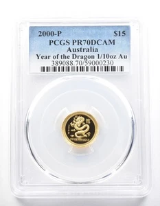 2000 P Australia 15 Dollars Gold Year Of The Dragon 1/10 Oz PR70 DCAM PCGS *0358 - Picture 1 of 3