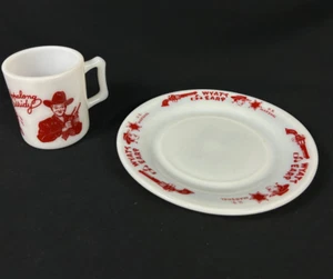 Hopalong Cassidy Childs Mug Cup Hazel Atlas White Glass Red Wyatt Earp Plate VTG - Picture 1 of 7