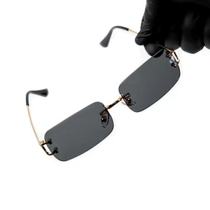 Vintage Black Gradient Tint Gold Frame Men's Women's Hip Hop Rimless Sunglasses - Picture 1 of 6