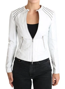 JOHN RICHMOND Jacket White Leather Slim Fit Biker Coat IT38 / US4 / XS RRP $4100 - Imagen 1 de 12