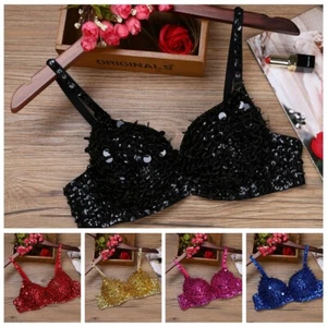 Womens Sequins Sparkle Bra Crop Top Belly Dance Costume Tops Rave Party Clubwear - Picture 1 of 1