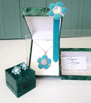 Pendientes y reloj collar Suzanne Somers plata de ley circonita cúbica flor   Foto 1 de 4