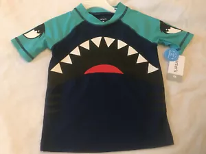 NWT carters 2t 2 shark rash guard swimsuit top shirt boys $26 large teeth blue - Picture 1 of 3