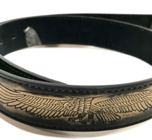 Men's Split Leather Belt 36 Black With Beige Eagles Embossed Italian Style - Picture 1 of 4