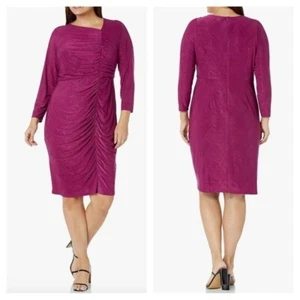London Times Minerva Plum Fuchsia Asymmetrical Neckline Textured Ruched Dress - Picture 1 of 7