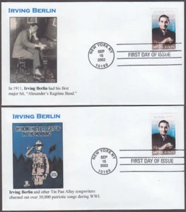 USA # 3669.4 FDC X 2 DIFF CACHETS - IRVING BERLIN, JEWISH AMERICAN COMPOSER - Picture 1 of 1