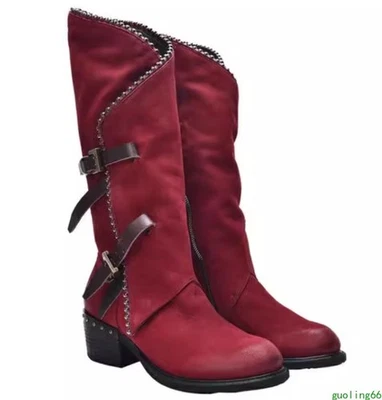 Occident Real Leather Red Knee High Knight Boots Women's Retro Block Heel Shoes - Image 1 of 4