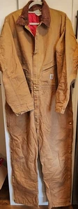 VTG Carhartt Quilt Red Insulated Canvas Brown Coveralls Mens Size 48 Tall - Picture 1 of 13