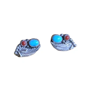 Blue Turquoise Red Coral Squash Blossom Sterling Silver 925 Post Earrings #730 - Picture 1 of 5