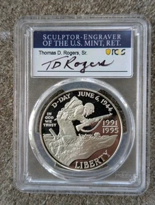 PR69 1991-95-W DCAM Commemorative Dollar World War 2 D-Day PCGS TD Rogers signed - Picture 1 of 8