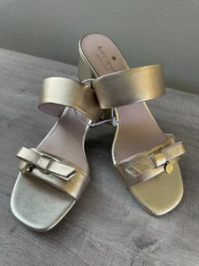Kate Spade Helena bow slip on heeled leather shoes metallic gold NEW size 8.5 - Picture 1 of 10