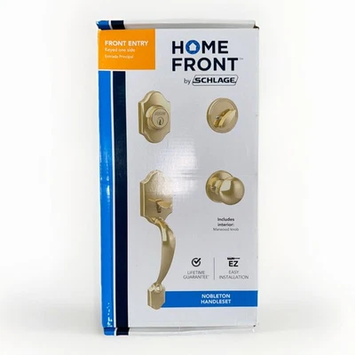 Schlage Nobleton Front Door Entry Deadbolt Keyed Handle Set - Bright Brass - NEW - Image 1 of 2