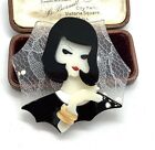 Lovely Quirky Black Haired Lady with White Umbrella Large Lucite Brooch - BN 