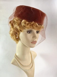 Kangol Vintage 1960s Burnt Orange Cotton Velvet Pillbox Net Veil Fully Lined - Picture 1 of 13