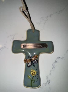 Blueish GreenCross Butterfly Flower 3.5X4.5" Cross Ornament Wall Hanging - Picture 1 of 3