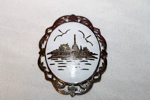Vintage Siam Sterling Silver White Enamel Brooch Birds City Water Elegant - Picture 1 of 6