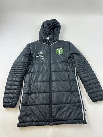Portland Timbers Puffer Jacket Men’s Medium Gray Adidas MLS Removable Hood Cover