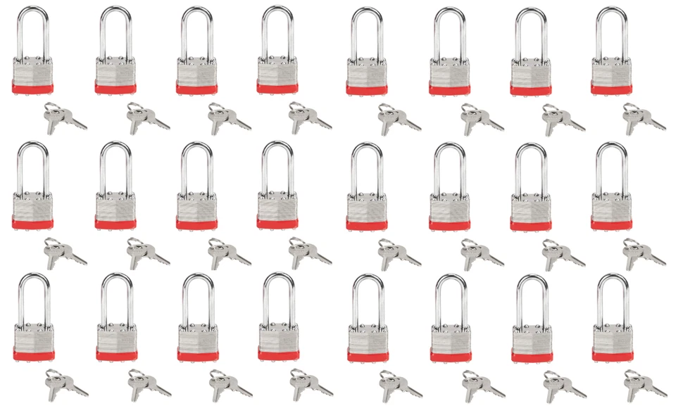 Set Of 24 40mm Keyed Alike Laminated Steel Long Shackle Padlock 1 3/4" x 2 3/4"  - Image 1 of 4