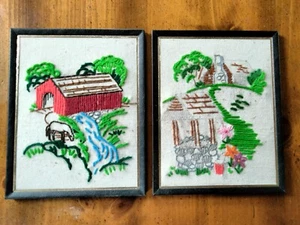 Set of 2 Vintage 1970's Crewel Embroidery Framed Wall Hangings 8"x10" 1 not comp - Picture 1 of 12