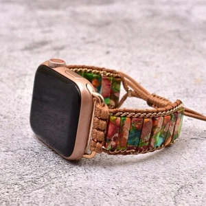 Natural Floral Jasper Stone Strap Watch Band for 38 40mm Apple iWatch Handmade - Picture 1 of 3
