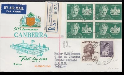 1962 4'3 Uprated 5d Canberra 50th Block FDC 2'6 Aborigine Registered to Belgium - Image 1 of 4