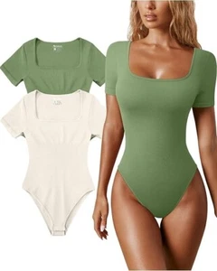 OQQ Mujeres 2 Piezas Body Sexy Acanalado Cuello Cuadrado Manga Corta Pequeño Verde Beige - Imagen 1 de 1