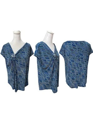 Blusa acanalada sin mangas con estampado azul, verde y blanco Adrienne Vittadini talla XL Foto 1 de 4