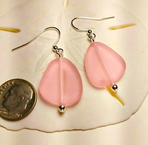 Soft PINK Cultured sea glass Handmade with silver drop earrings - Picture 1 of 7