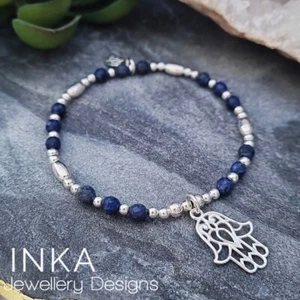 925 Sterling Silver & Lapis bead Oval Stacking Bracelet with HAMSA charm INKA - Picture 1 of 7