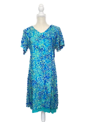 Vestido ORVIS vintage para mujer talla mediana azul verde manga corta cuello en V lazo trasero Foto 1 de 4