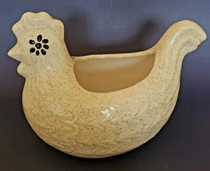 Country Hen Planter Ceramic, Ivory with Brown Speckles, Flower Eye, 10.5" L - Picture 1 of 2