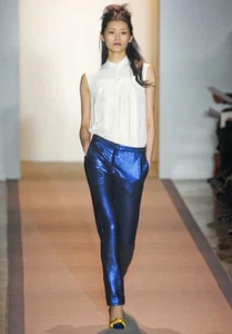 PETER SOM Blue Sequin Embellished Low Rise Pants 38 2 4 - Picture 1 of 4