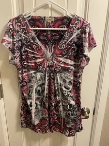 One World XL Top Sublimation Blouse Pink Black White Rhinestone Shirt Bling - Picture 1 of 8