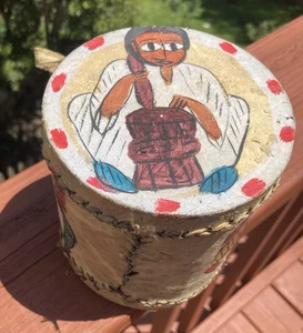 Äthiopisches Ziegenleder handbemalte Trommel afrikanische koptische ethnische Kunst 4,7” Höhe x 4,5” Tiefe - Bild 1 von 9
