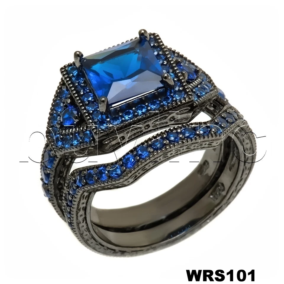 Princess Blue CZ Black 925 Silver Bridal Engagement & Wedding CZ Ring Set - Image 1 of 1