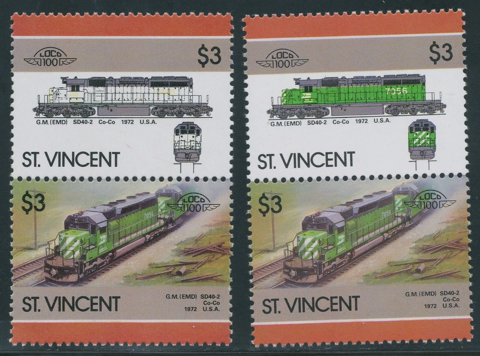 ST. VINCENT 1986 locomotives $ 3 superb U/M se-tenant pair VARIETY MISSING COLOR - Image 1 of 2