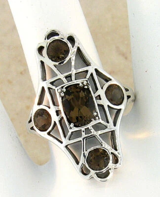 GENUINE SMOKY QUARTZ ANTIQUE STYLE 925 STERLING SILVER FILIGREE RING        402Z - Image 1 of 4