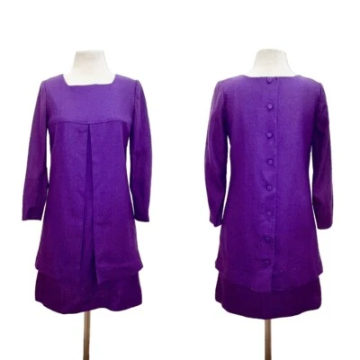 Vestido recto vintage púrpura cuello cuadrado mod abertura en capas tweed talla pequeña Foto 1 de 4