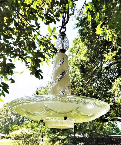 Vtg 1930s Art Deco Frosted w/ Clear Accents Glass Pendant Light LARGE 17" VGC Cover