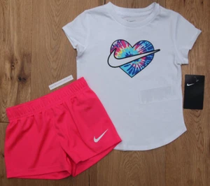Nike Girl T-Shirt & Mesh Shorts Set ~ White, Neon Pink & Tie-Dye ~ Heart - Picture 1 of 3