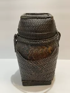 Antiker Ifugao geflochtener brauner Korb Deckel Podest Griff primitive Volkskunst Dekor - Bild 1 von 15