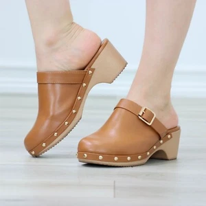 Low Heel Clogs Slip On Mules Studded Faux Leather Retro Style Shoes Lightweight - Picture 1 of 13