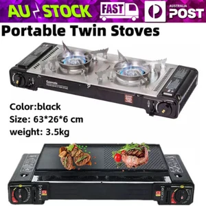 2 Burner Gas Grill BBQ Cooker + Plate Outdoor Portable Twin Stove Camping Hiking - Picture 1 of 16