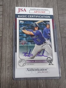 HUNTER GOODMAN 2022 TOPPS PRO DEBUT AUTOGRAPHED ROOKIE CARD. JSA CERTIFIED.